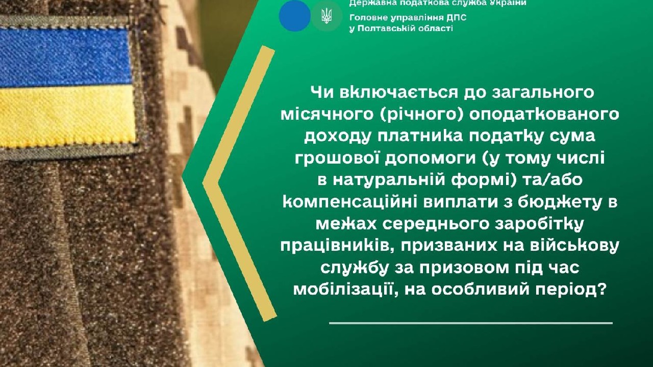 Чи включається до загального місячного (річного) оподаткованого доходу платника податку сума грошової допомоги або компенсаційні виплати з бюджету в межах середнього заробітку працівників, призваних на військову службу за призовом під час мобілізації?